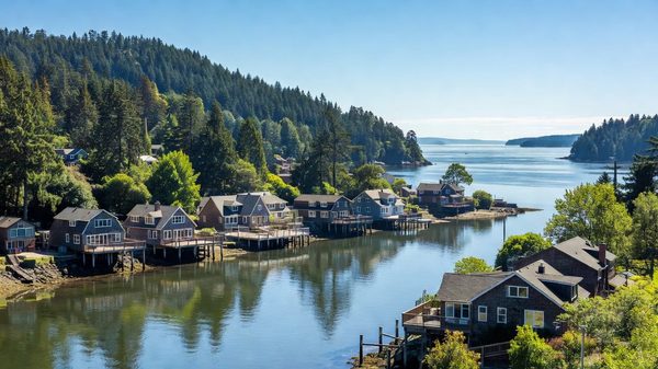 Pacific Northwest waterfront homes along a calm bay with forested hillside backdrop and distant islands