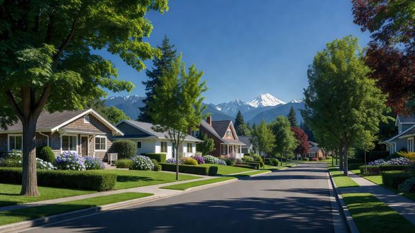 Suburban street in a Pacific Northwest residential neighborhood, single-family homes with mature trees and Cascade mountain backdrop