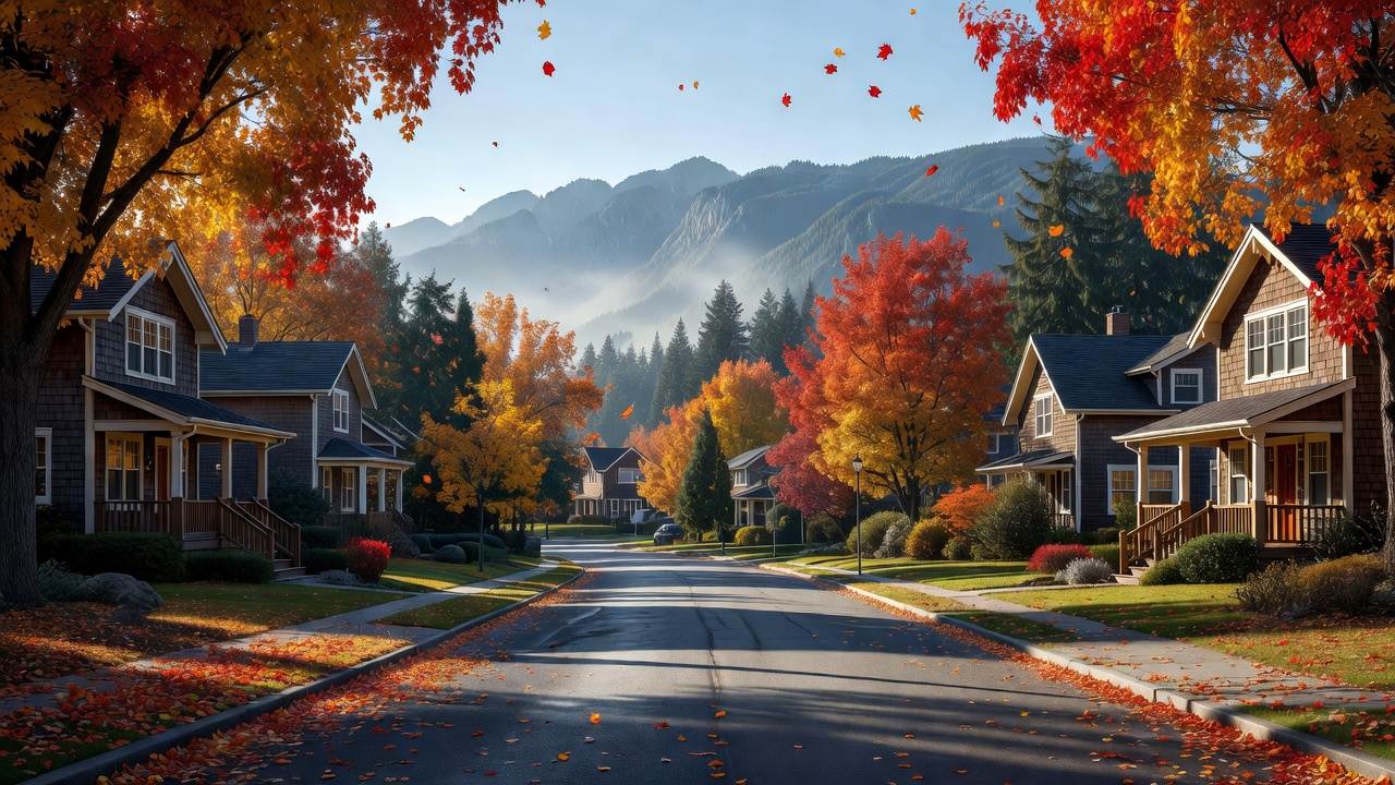 Residential street in a Pacific Northwest neighborhood in autumn with turning maple trees and mountain backdrop