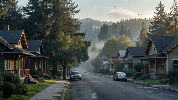 Quiet residential street in a small Pacific Northwest city with tree-lined sidewalks and a distant mountain ridge
