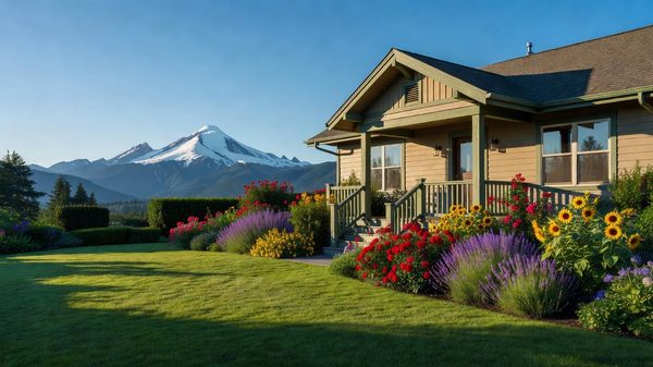 Pacific Northwest suburban home exterior in summer, green lawn and flowering garden, blue sky with Mount Baker visible in distance