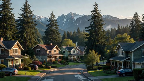Residential neighborhood in Pacific Northwest with evergreen trees and mountain views
