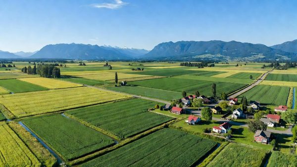 Skagit Valley farmland with the Cascade foothills visible in the background, a residential neighborhood in the distance