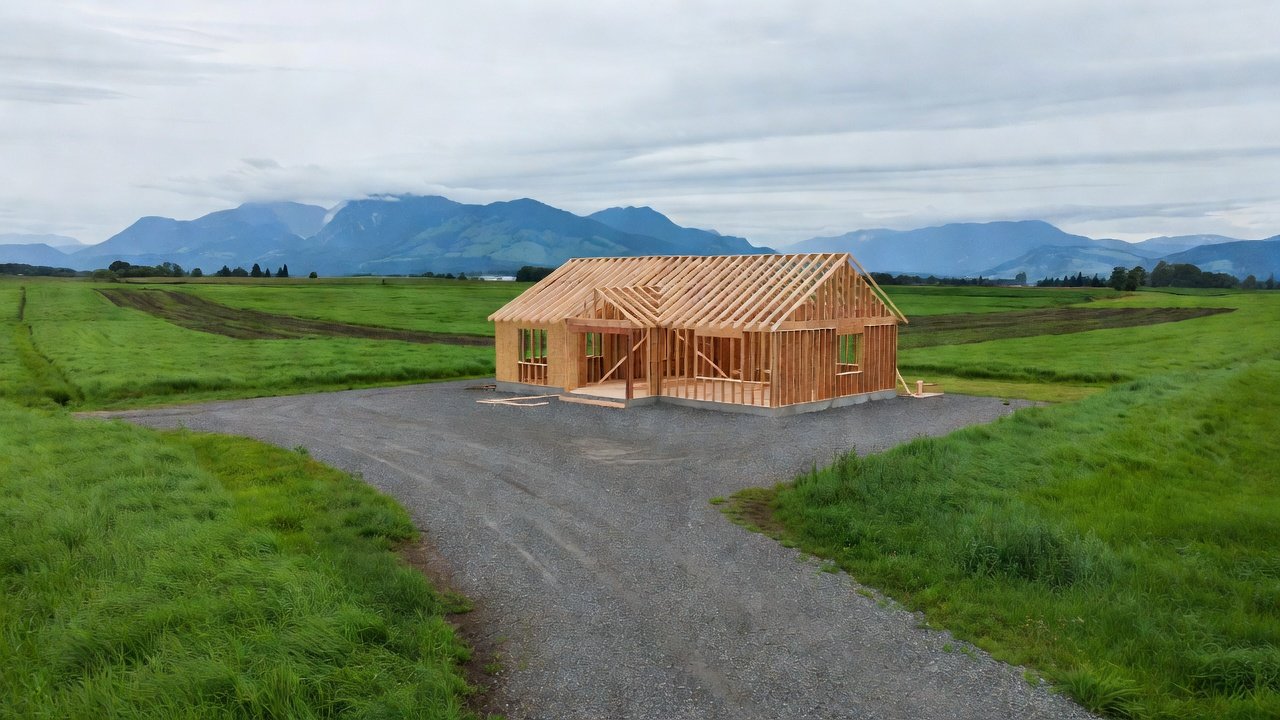 Wood-framed house under construction on a rural lot with a gravel driveway and green fields beyond