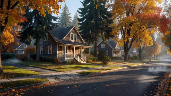 A family home in a Pacific Northwest neighborhood on an early autumn morning with a school bus stop nearby